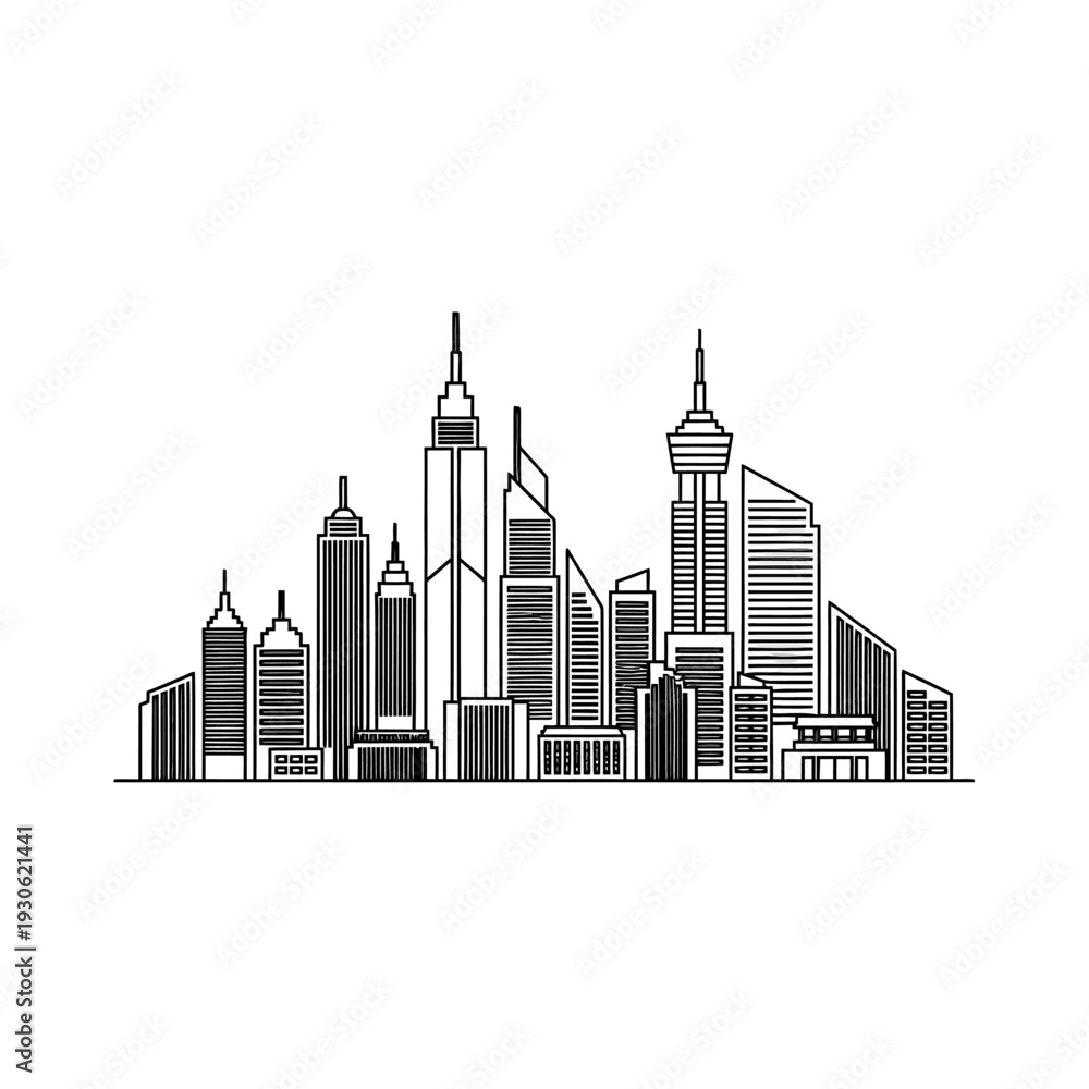 Fototapeta premium Urban City Skyline Illustration with Tall Skyscrapers and Modern Architecture