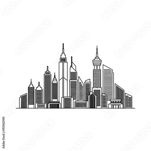 Urban City Skyline Illustration with Tall Skyscrapers and Modern Architecture
