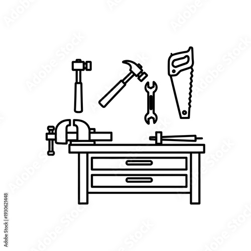 Organized Carpenter Workbench with Hand Tools in Workshop Setting