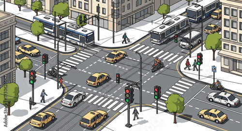 City Street with Taxis and Pedestrians.