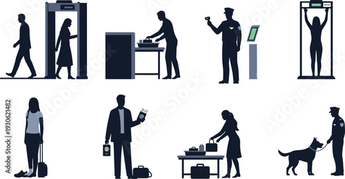 Airport security screening process, passengers walking, metal detector check, body scan, sniffer dog inspection, boarding pass kiosk, officer with wand, cad drawing flat vector illustration