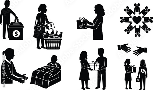 Charity silhouettes, donation box, giving money, gift exchange, unity circle, helping hands, compassion care, blanket aid, human connection, cad drawing flat vector illustration