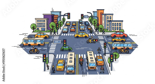 City Street with Traffic and Buildings.