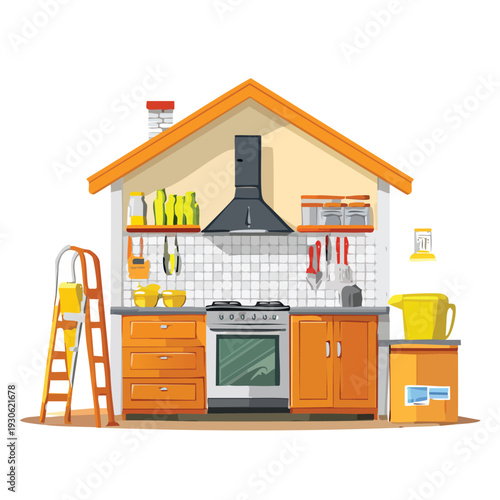Cartoon kitchen interior with orange cabinetry and appliances