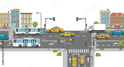 City Street with Traffic and Buildings.