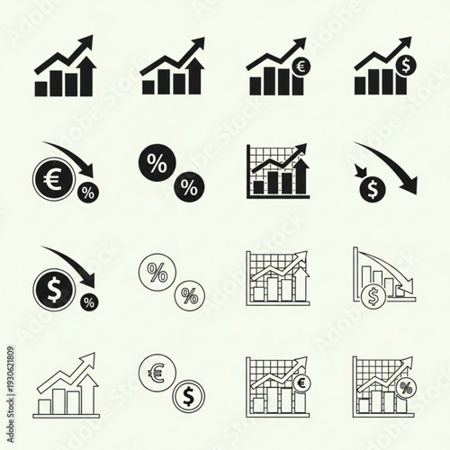 Financial data visualization icons featuring rising and falling trends