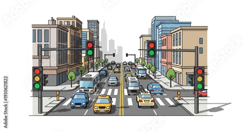 City Street with Traffic and Buildings.