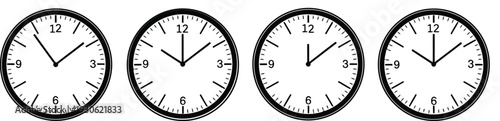 Four analog clocks showing different times in a row