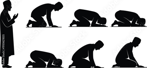 Islamic prayer silhouettes, Salah positions, standing hands raised,  kneeling pose, sitting posture, worship sequence, religious ritual, cad drawing flat vector illustration