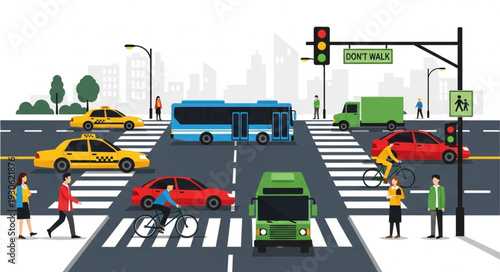 City Street with Traffic and Pedestrians.