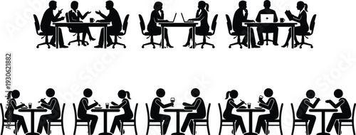 Business meeting and dining conversation silhouettes showing people discussing ideas, working on laptops and socializing at tables in professional environments