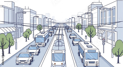 City Street with Vehicles and Buildings.