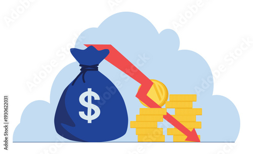Money loss, cash with down arrow stocks graph, concept of financial crisis, market fall, bankruptcy, budget recession, investment expenses, bad economy reduction