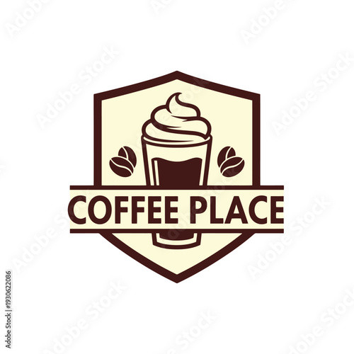 Coffee Place Logo - A Shield-Shaped Emblem with Coffee Cup and Beans.