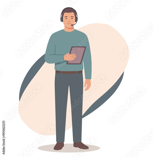 The guy is an operator with headphones and a Tab. stock illustration
