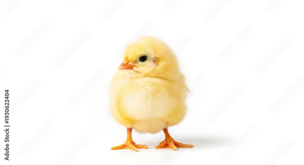 Fototapeta premium Fluffy yellow chick standing on clean white background