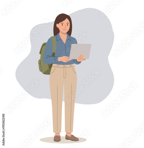 Woman freelancer with laptop and backbag stock illustration