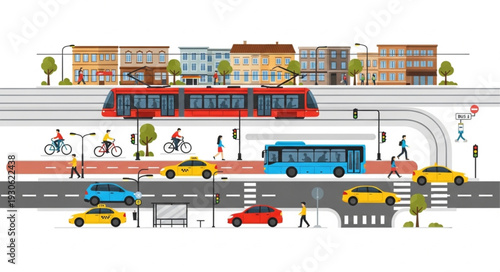 City Street with Vehicles and Pedestrians.