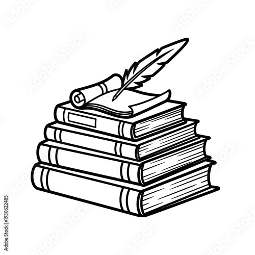 Stacked Books with Quill Pen on Top for Educational or Literary Themes