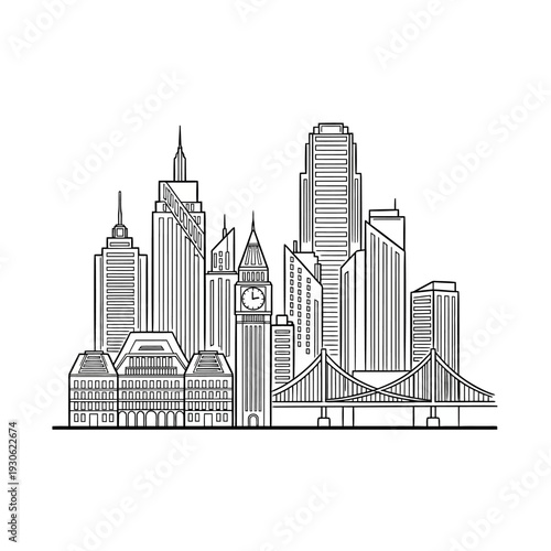 Stylized City Skyline Illustration Featuring Skyscrapers and Bridges in Monochrome Design