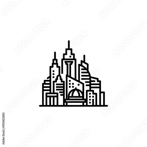 Stylized Cityscape Illustration of Modern Urban Skyscrapers and Tower Skyline