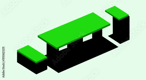 Isometric Green Picnic Table with Benches Casting Shadow on Light Green Background