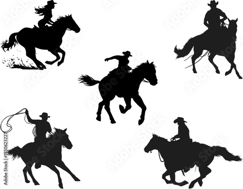 Dynamic black silhouettes of western riders on horses, showcasing various cowboy and cowgirl actions including galloping and roping.