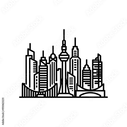 Stylized Modern Skyline of a Major City with Iconic Skyscrapers and Towers