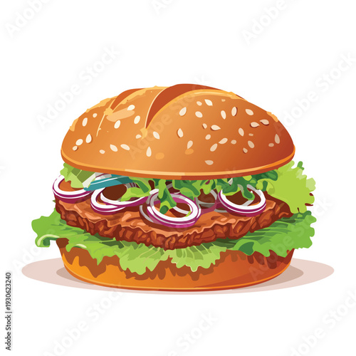 Delicious hamburger illustration with sesame seed bun and fresh ingredients
