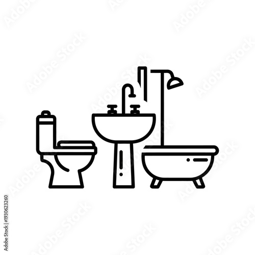 Modern Bathroom Fixture Illustration Showing Toilet Sink and Bathtub