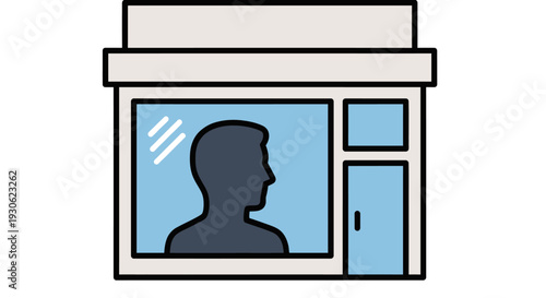 Cartoon Style Storefront with Person Silhouette in Window on Isolated White Background