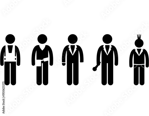 Five black stick figures representing diverse professions, roles, and styles, including a worker, martial artist, businessman, leader, and punk.