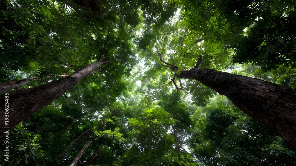 Fototapeta premium Looking up into a vibrant dense forest canopy revealing towering trees lush green foliage and sunlight filtering through the branches