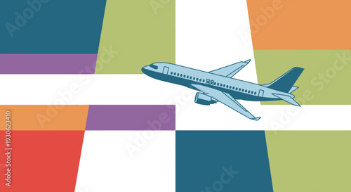 Modern passenger airplane flying across a dynamic abstract background with colorful geometric shapes, representing global travel and connectivity.