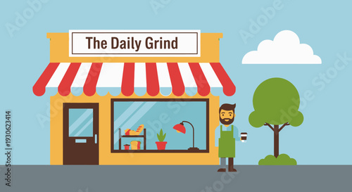 Welcoming barista holding a coffee cup outside a charming "The Daily Grind" coffee shop or bakery storefront in a cheerful cartoon illustration.
