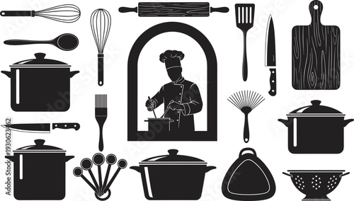 Professional chef cooking with kitchen utensils set, restaurant equipment icons, pots and pans, cad drawing flat vector illustration, isolated on white.