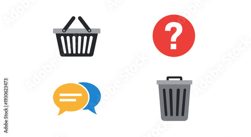 Set of E-commerce and Support Icons: Shopping Basket, Question Mark, Chat Bubbles, Trash Can, Isolated White Background