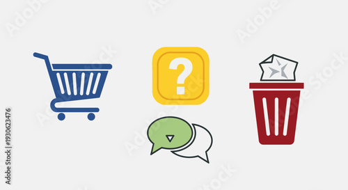 Set of E-commerce and Communication Icons: Shopping Cart, Question Mark, Chat Bubble, Trash Can, Isolated White Background
