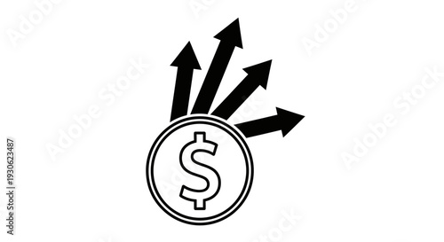 Dollar Coin with Multiple Outward and Upward Arrows, Isolated White Background