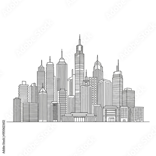Modern City Skyline Illustration Featuring Tall Skyscrapers and Urban Landscape