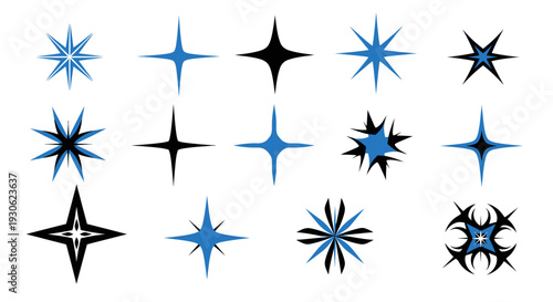Collection of Diverse Star Shapes and Sparkles Icons in Blue and Black on Isolated White Background