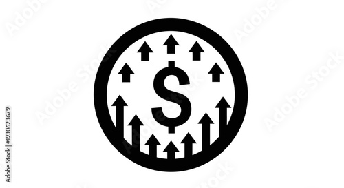 Financial Growth Black and White Icon with Dollar Sign and Upward Arrows in Circle on Isolated White Background