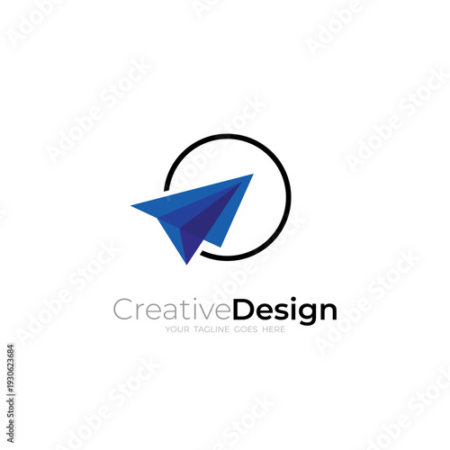 modern paper plane logo design vector with flat style in blue and black color