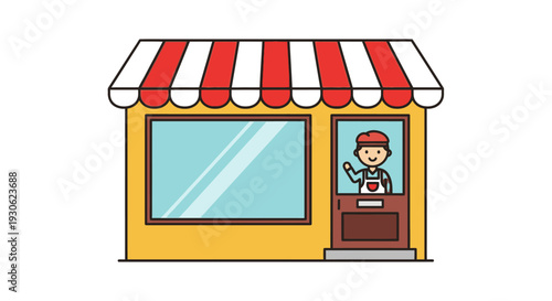 Cute Small Business Storefront with Shop Owner Inside in Flat Design on Isolated White Background