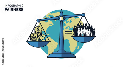 Infographic Illustrating Global Fairness and Economic Justice with Scales Balancing Money and People on Earth Background