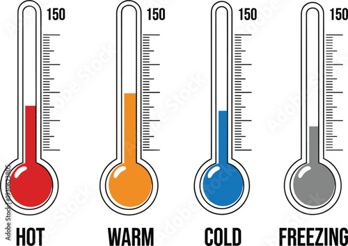 Hot warm cold freezing thermometers vector illustration, temperature gauge chart, climate scale infographic, weather measurement, heat cold comparison design