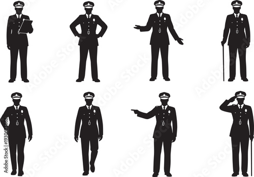 Professional police officer silhouettes in uniform, standing in various authoritative poses, security law enforcement, cad drawing flat vector illustration, isolated on white.