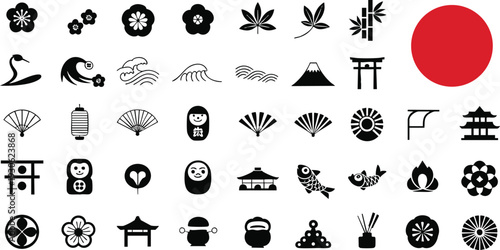 Japanese traditional icon set (Flower, Nature, Food, pattern, etc