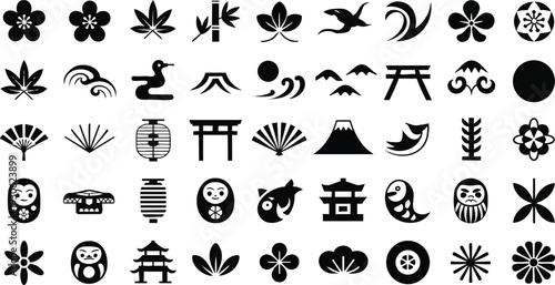 Japanese traditional icon set (Flower, Nature, Food, pattern, etc