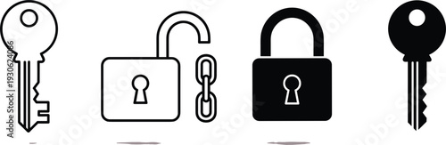 Key and padlock icons, locked and unlocked, security access vector illustration, privacy protection design, safety symbol concept, digital safeguard artwork
